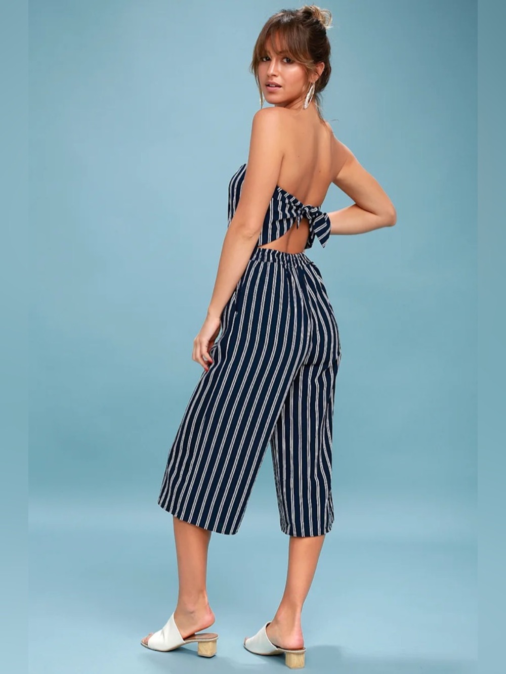 Lulus Striped Navy Tie-Back Wide-Leg Jumpsuit
